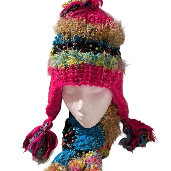 Girls Colorful Stripes Earflap Tassel Hat &  Scarf Winter Set Of 2 - Picture 1 of 13